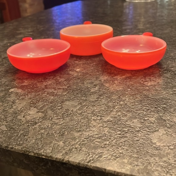 Set of Three Glassbake Orange Red Handle MCM Soup Bowls - Picture 3 of 4